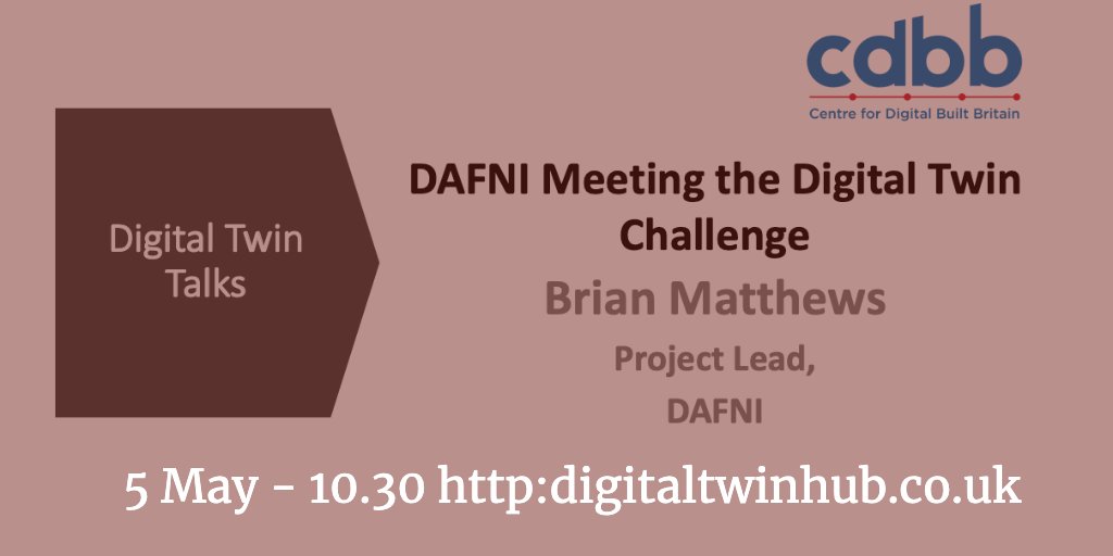 DT Hub: Online discussion today from 10.30 for Brian Matthews' talk from <a href="/DAFNIfacility/">DAFNI</a> - who will tell us about the challenges of #DigitalTwins - Join the discussion here:

ow.ly/LFlv50zuhZ5 

#NationalDigitalTwin #collaboration #DigitalTwinTalk <a href="/DAFNIfacility/">DAFNI</a> #DTHub