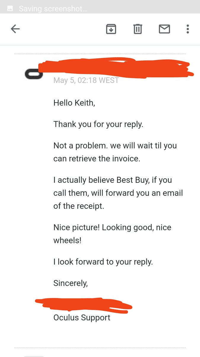Hackirima's tweet photo. So I have been emailing Oculus back and forth about replacing my Rift S and they need a receipt(I lost it) to replace it. I have enjoyed the support, troubleshooting, and conversation we have sent back and forth 😂 Attached is the picture I sent. #oculus #twitch #oculussupport https://t.co/SlOvVmOpOg