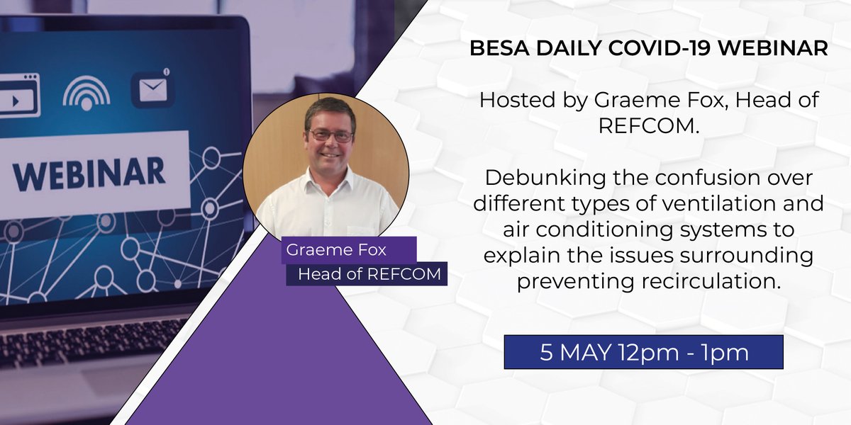 BESAGroup's tweet photo. Today's #covid19 noon webinar focuses on aircon & ventilation: re-circulation & optimisation of air movement hosted by @GraemeFoxREFCOM Head of @_REFCOM director of #ACRIB and IOR board member.
Register here: https://t.co/QvpTemHO51
#buildingservices @thecoolinghub https://t.co/WfyXjxTufW
