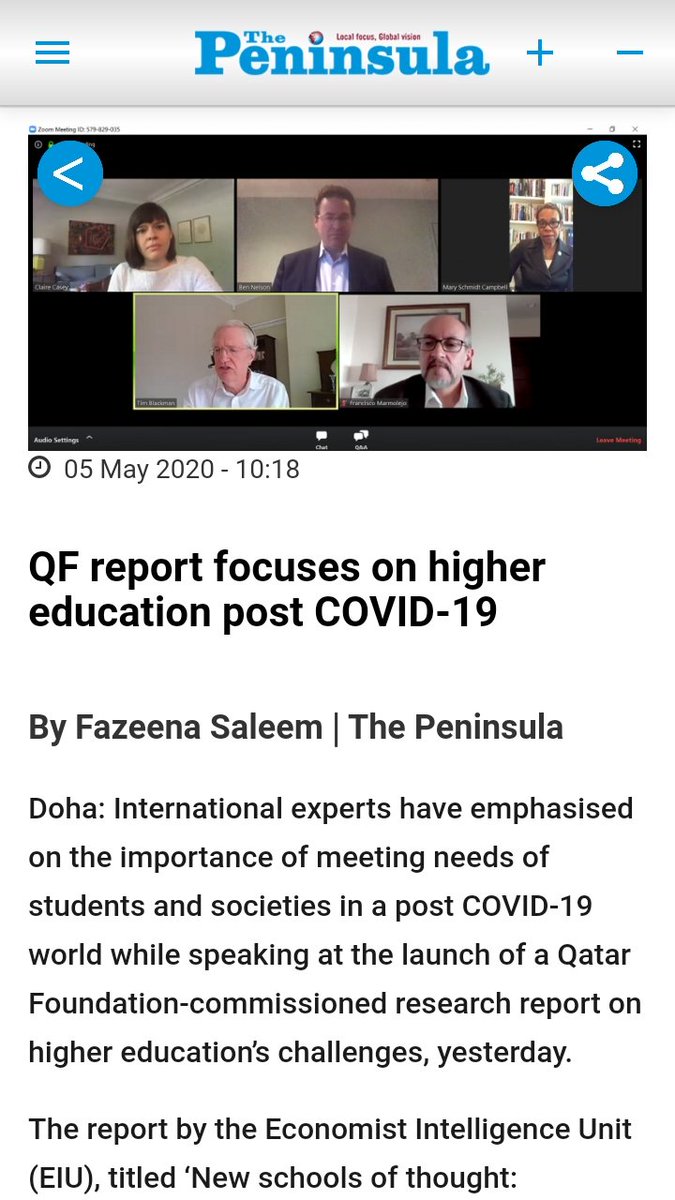 Focusing on #highereducation in the after-#COVID19 crisis: what models can be considered? 
thepeninsulaqatar.com/article/05/05/…
<a href="/TheEIU/">Economist Intelligence: EIU</a> <a href="/QF/">Qatar Foundation</a> 
<a href="/clairemcasey/">Claire Casey</a> @TimJBlackman <a href="/SpelmanPres/">Rosalind "Roz" Brewer</a> <a href="/WISE_Tweets/">WISE</a>