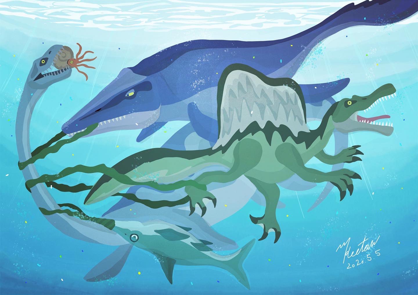 ケータ 倉敷市立美術館7 23 8 28 恐竜キッズへ 5月5日は 子供の日 ということで 古代の生き物で 鯉のぼり を 表現してみました ポールは エラスモサウルス 天球は アンモナイト 鯉は上から モササウルス スピノサウルス イクチオ