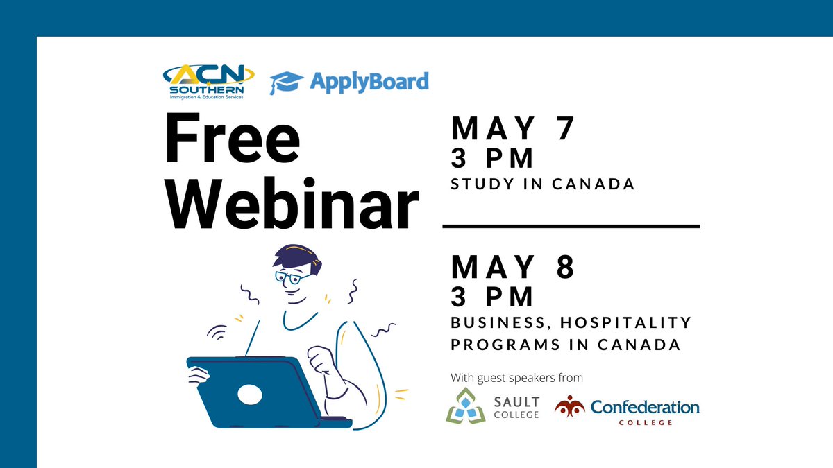 acn_bea's tweet photo. Join ACN Southern Immigration and Education Services and ApplyBoard in FREE WEBINARS

May 7: Study in Canada by ApplyBoard
Register here → https://t.co/FXsNT2v06m

May 8: Business and Hospitality by Sault and Confederation College.
Register here → https://t.co/o23Qd1t7JF https://t.co/YYb1hVMxZM