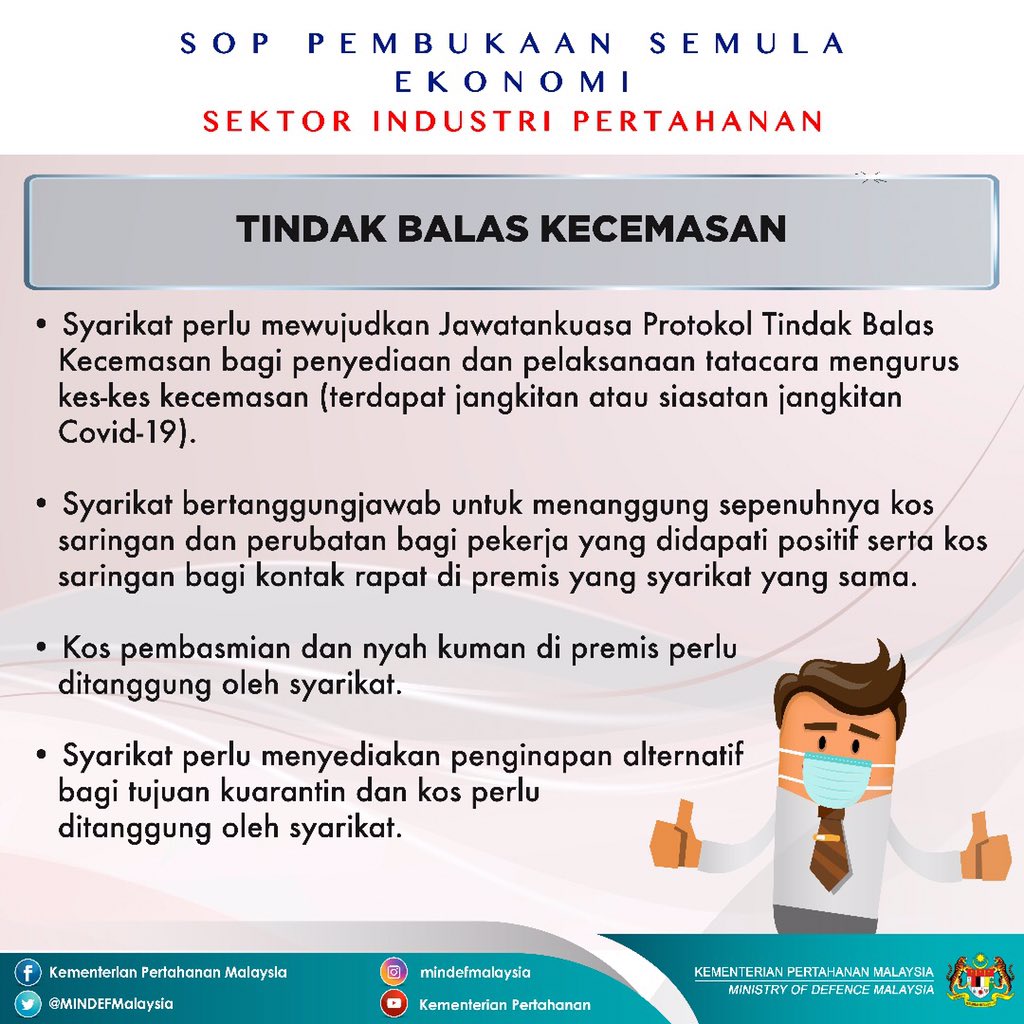 MINDEFMalaysia's tweet photo. SOP PEMBUKAAN SEMULA EKONOMI - SEKTOR INDUSTRI PERTAHANAN 

#MinDefMalaysia
#COVID19
#KitaJagaKita https://t.co/9wv8fgv2kF