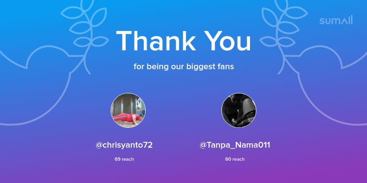 Our biggest fans this week: chrisyanto72, Tanpa_Nama011. Thank you! via sumall.com/thankyou?utm_s…
