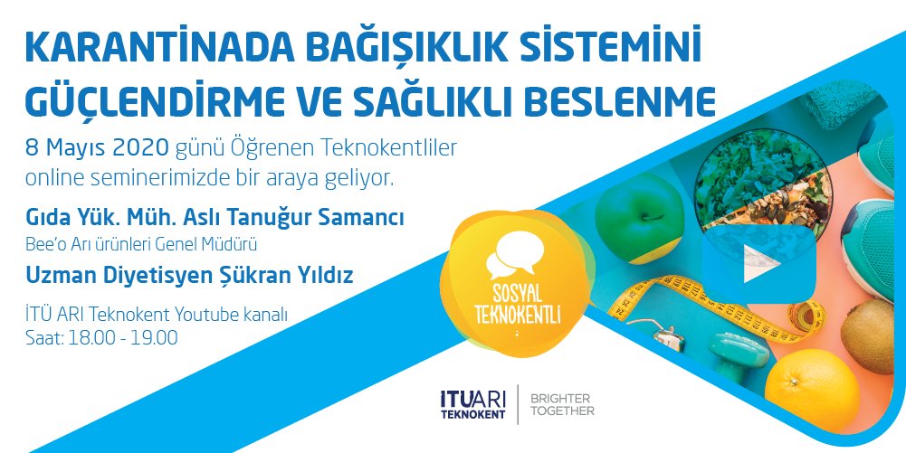 .<a href="/BEEOAriUrunleri/">BEE'O Arı Ürünleri</a> Genel Müdürü Aslı Tanuğur Samancı ve Uzman Diyetisyen Şükran Yıldız'ın sunumu ile Karantinada Bağışıklık Sistemini Güçlendirme ve Sağlıklı Beslenme ile ilgili tüm merak ettiklerinizi İTÜ ARI Teknokent Youtube kanalında konuşacağız. bit.ly/2YjxUpm