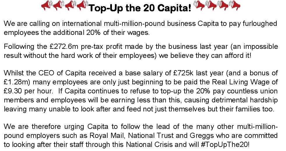#TheCWU NW has launched a campaign against <a href="/CapitaPlc/">Capita</a> decision not to pay their furloughed employees the additional 20% of their wages.

We're calling on MPs, Mayors, Council Leaders &amp; TUs to join our call for Capita to do the right thing #TopUp20Capita 
<a href="/CWUnews/">CWU</a> <a href="/TUCNorthWest/">TUC North West</a>