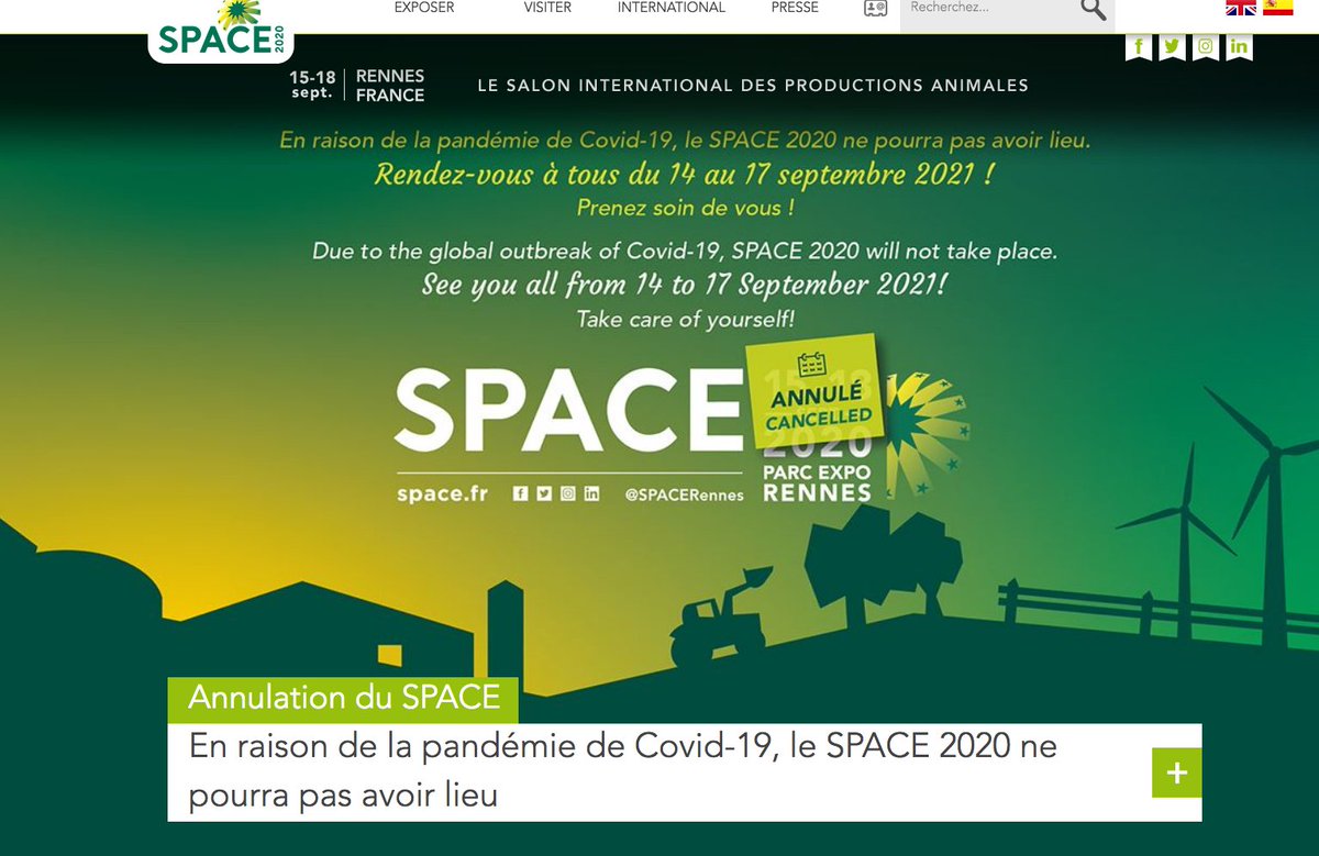 Dans un communiqué l'équipe du <a href="/SPACERennes/">SPACE</a> annonce qu'en raison de la pandémie de #Covid19, le #SPACE2020 n’aura pas lieu.

space.fr/actualites/ann…