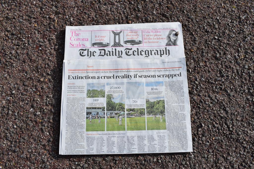 EastMoleseyCC's tweet photo. East Molesey CC feature on the back page of @telegraph_sport. Extinction a Cruel Reality if Season Scrapped’. This is a very difficult time for Amateur Sports clubs across the country. 
Your donations will be hugely appreciated on our Just Giving Page -  https://t.co/ZYLj8DLKWv https://t.co/1XhL4jhqYp