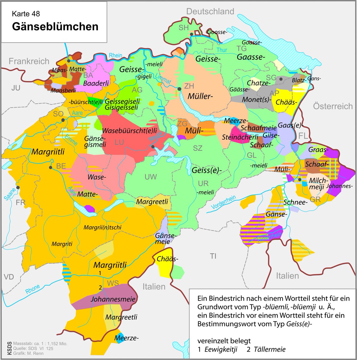 sdatsbern's tweet photo. Not only daisies, but the entire nature is flourishing and starting to get as colourful as this #swissgerman #dialect #map! #mapporn #sdats #switzerland https://t.co/teclSbimA1