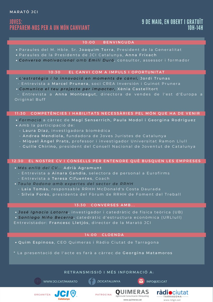 Joves, preparem-nos per a un món canviant!

Properament,#MaratóJCI amb Emili Duró, <a href="/sninobecerra/">Santiago Niño</a> i molts més!

Obertura a càrrec del Molt Honorable <a href="/QuimTorraiPla/">Quim Torra i Pla</a> 

Quan i on?

📆 9 de maig 2020 
🕐 10h a 14h 
📍retransmissió online a jci.cat/marató i a les nostres xxss