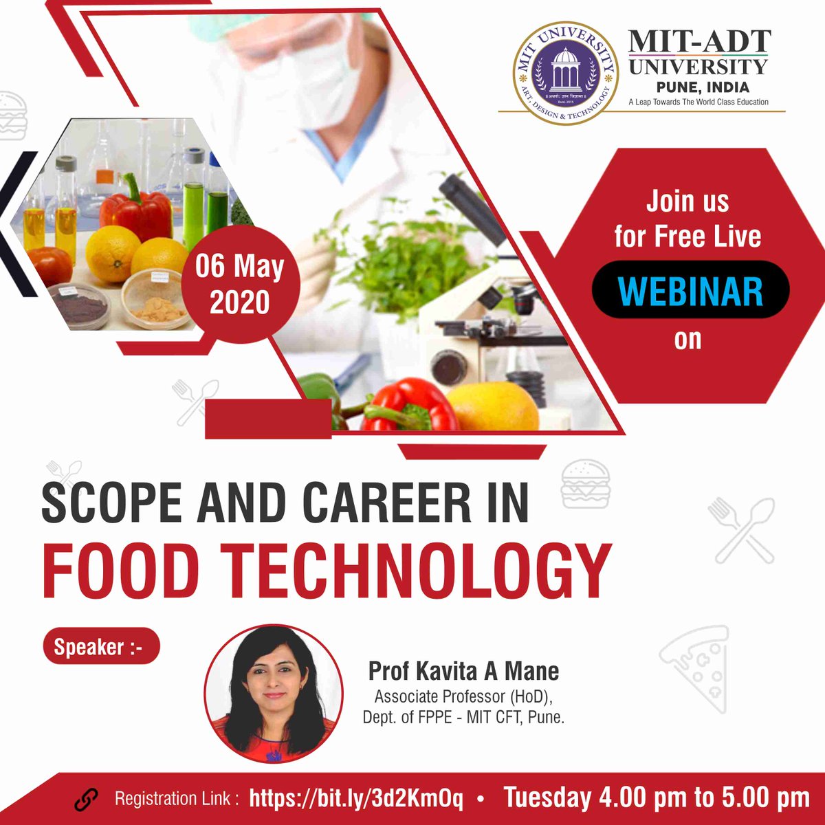 mitadtpune's tweet image. Join Us for a FREE #WEBINAR on “Scope and Career in Food Technology”.
If you’re studying or considering enrolling in a food technology degree, you’re probably wondering about the career opportunities. Register here: bit.ly/3d2KmOq. 
#FoodTechnology #MITCFT #MITADT