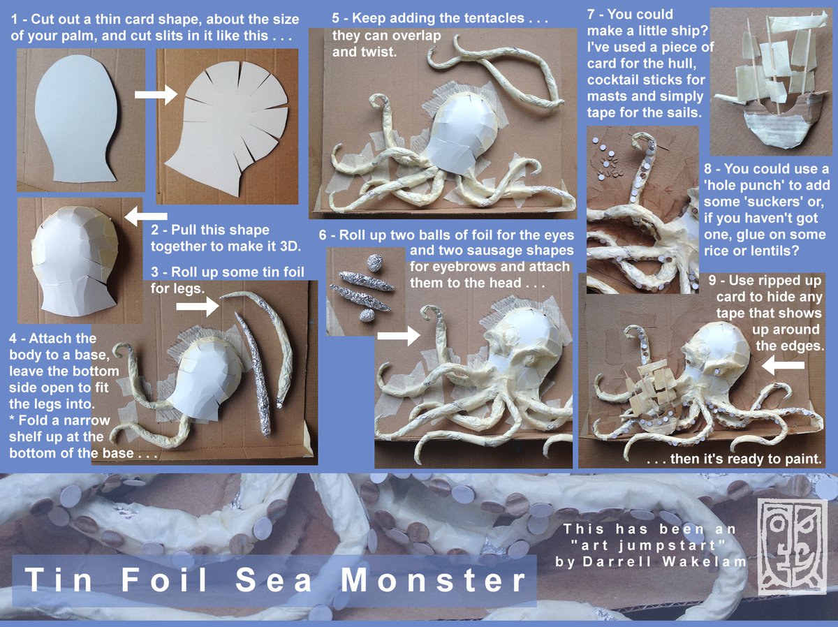 Hi Twitter. Day 40 of my free #Lockdown friendly art ideas is ‘Tin Foil Sea Monster’. View them all on my Twitter or at #ArtJumpstart. Please RT those you like, then more children can enjoy them too. #Homeschooling @MissR_Y3_2017 <a href="/noisyteacher/">Nikkie</a> <a href="/gdmorewood/">Gareth D Morewood</a> <a href="/Snotlady5/">Rose Edmondson</a> <a href="/kulvinderj/">Kulvinder Kaur Johal FCCT CSciTeach</a>