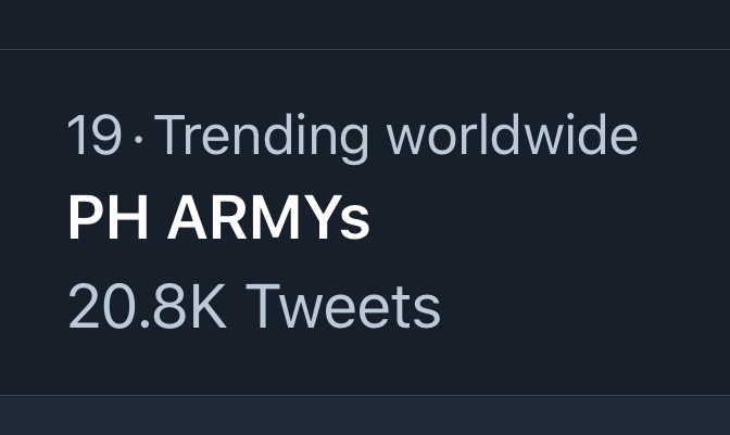 btsworldwider's tweet photo. 🌎 “PH ARMYS” is also now trending worldwide at no.19 partly because 🇵🇭Philippines ARMYs trended ‘MAHAL KO KAYO’ worldwide at no.2 after TAEKOOK. @BTS_twt https://t.co/oVEF01hX8Y