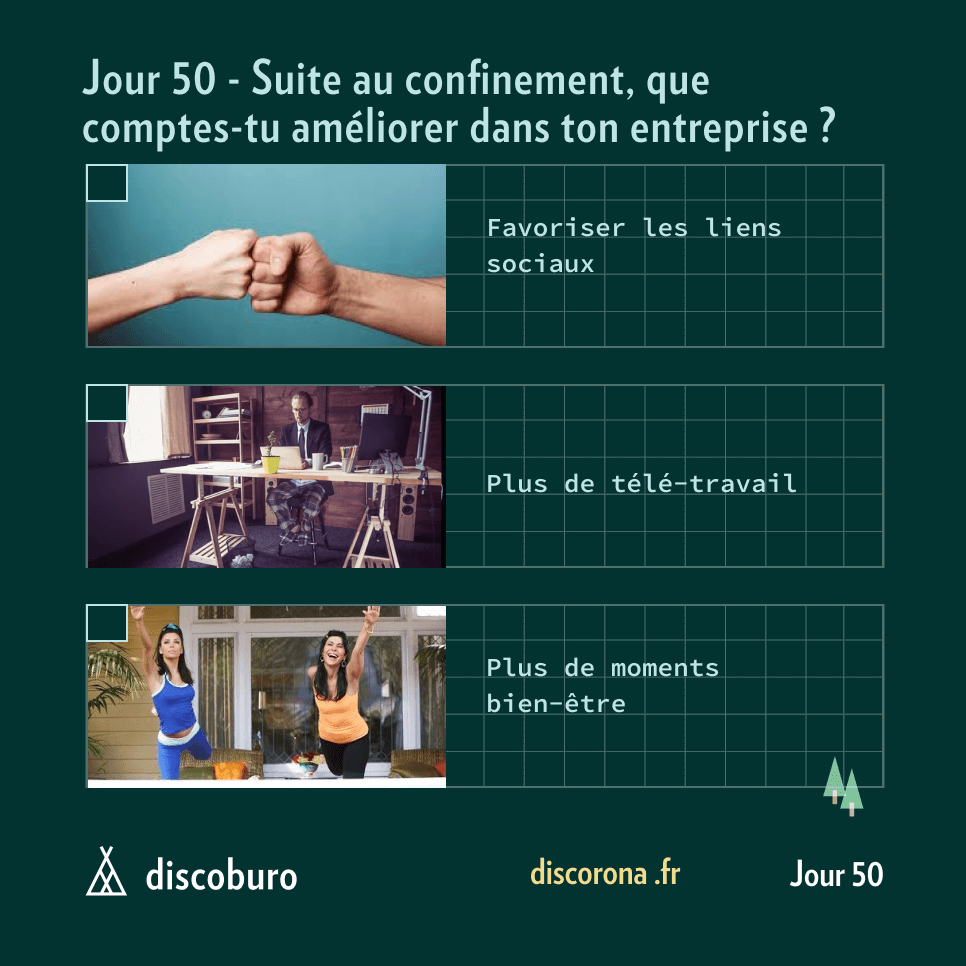 Aujourd'hui, on aimerait savoir ce que vous souhaiteriez améliorer ou modifier dans votre entreprise. 
Ca nous intéresse. 🙂

Répondez-nous en commentaire ou bien sur discorona.fr
🏕️