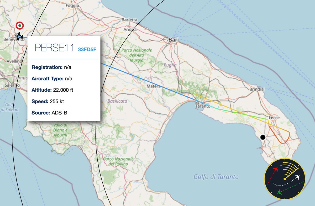 ItaSouthRadar's tweet photo. Un Beech #B350ER (#MM62317) dell'Aeronautica Militare Italiana è decollato in mattinata da Grottaglie (TA) con identificativo #PERSE11, ha compiuto un Touch&Go sulla pista di Galatina (LE) per poi fare rotta verso Pratica di Mare (Roma).
https://t.co/U0pKm78jLR https://t.co/q7Gk6Km2GU