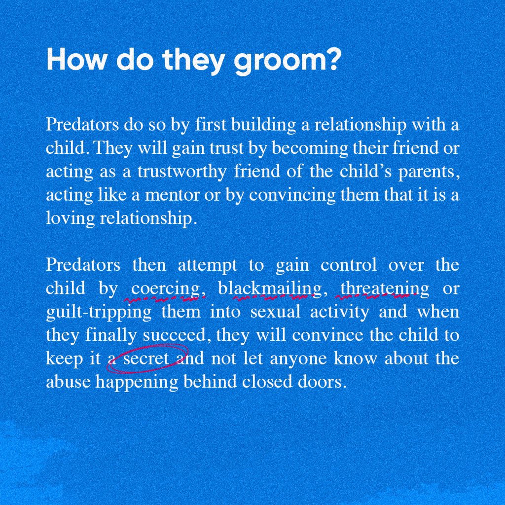 Sexual grooming is extremely common and dangerous. Know the signs and if you think you are being groomed or someone around you is, please seek help by calling a hotline or the proper authorities