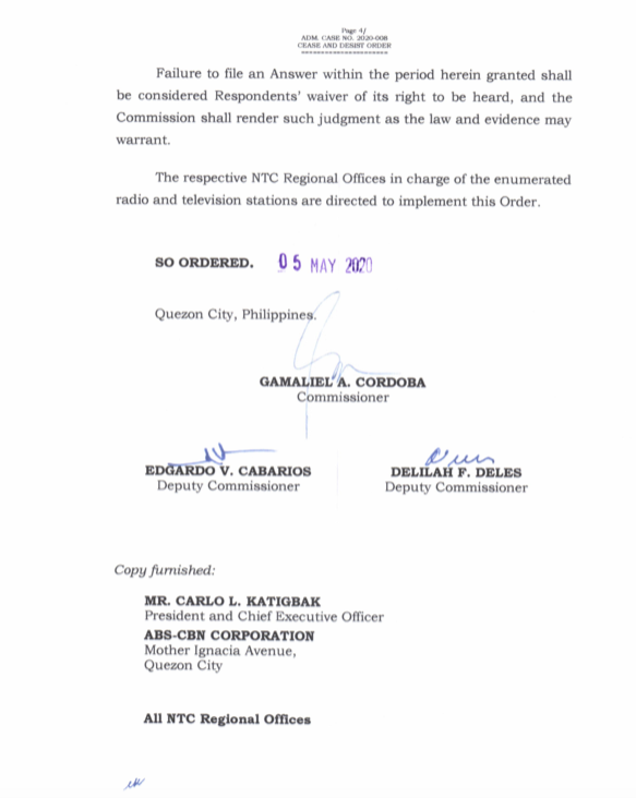rapplerdotcom's tweet photo. LOOK: In the actual order, the NTC orders ABS-CBN to "immediately cease and desist from operating" its facilities "upon receipt of this order." | via @lianbuan #CourageON #StandWithABSCBN #DefendPressFreedom

https://t.co/lYuSZfN1MG