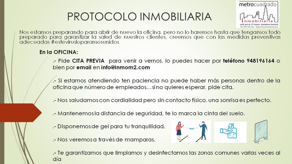 InmoM2's tweet image. Ya queda menos para vernos! por la salud de todos hay que esperar a que todas las medidas preventivas estén listas, puedes ir pidiendo cita previa por teléfono en el 948196164 o bien en info@inmom2.com, creemos que con las medidas preventivas adecuadas #EsteVirusLoParamosUnidos