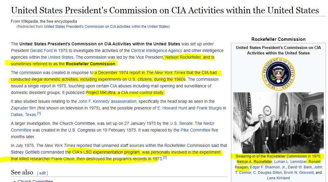 So how did they get away with such programs?Well, just like with the Nazis, in general, we have one family to thank:The RockefellersWho not only trained the Nazi biowarfare scientists at their institutions but also RAN THE INVESTIGATION INTO THE CIA Rockefeller Commission