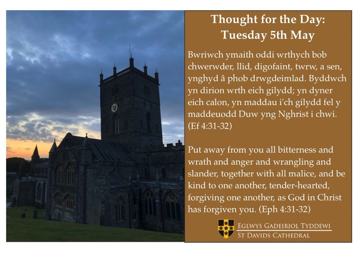StDavCathLib's tweet image. Thought for the Day / Myfyrdod Dydd Mawrth  🙏🏻
#Pasg2020 #Easter2020 #PaidAgOfni #BeNotAfraid 
👇🏻 

Eff/Eph 4: 31-32
Byddwch y dirion wrth eichi gilydd
Be kind to one another

@ChurchinWales @CytunNew @BUWales @cylch_y @AnnibynwyrCymru @CymYBeibl