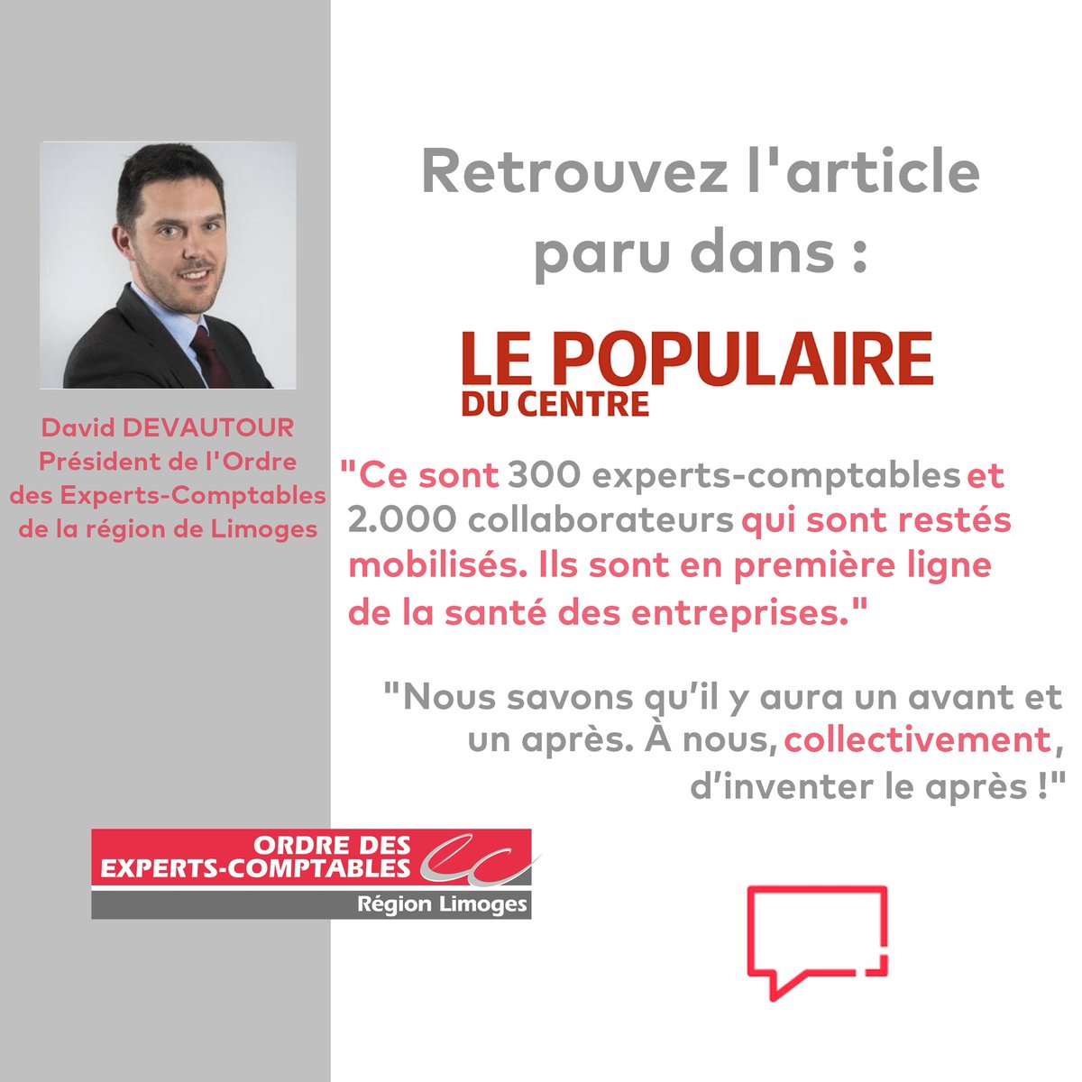 oeclimoges's tweet photo. Ne manquez pas l'interview de @david_devautour dans le @lepopulaire_fr. 
"Depuis le 17 mars, les experts-comptables de la région assurent le quotidien, les urgences et aident les entreprises à préparer l'après 11 mai."

➡️Lire l'article : https://t.co/RKodH4xFBj

#Covid_19 https://t.co/vJK9oBfZN4