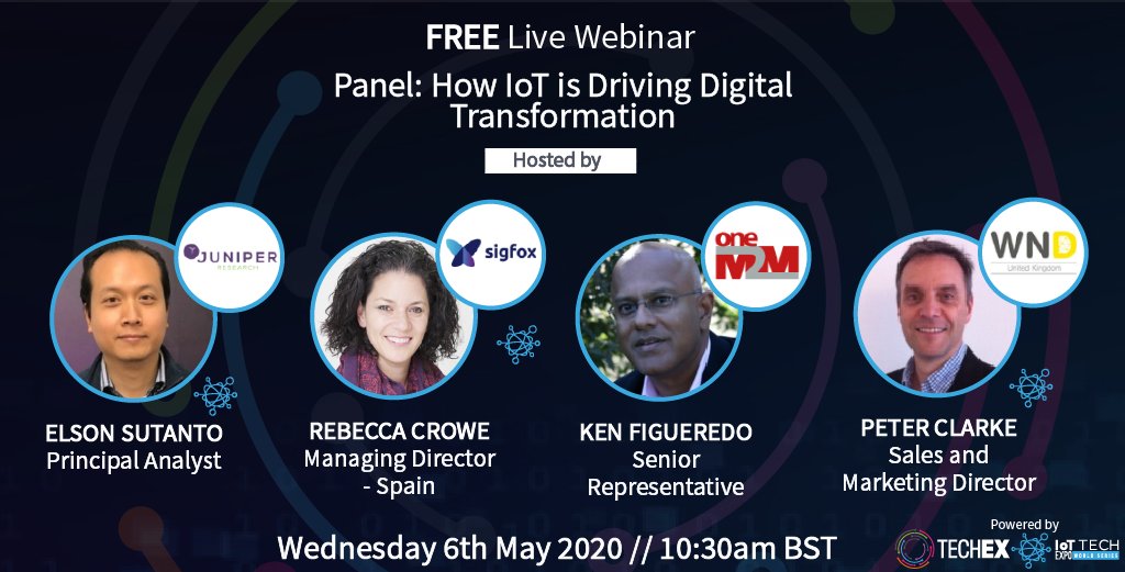 iottechexpo's tweet photo. Don't miss our FREE panel webinar tomorrow // 10:30am BST where we will explore how IoT is driving Digital Transformation. With @sigfox, @wndgroup, @juniperresearch and @oneM2M. Register for FREE here: https://t.co/N43eILB9WG 
#webinar #iot #workingfromhome #digitaltransformation https://t.co/tJlhQ8CXHc