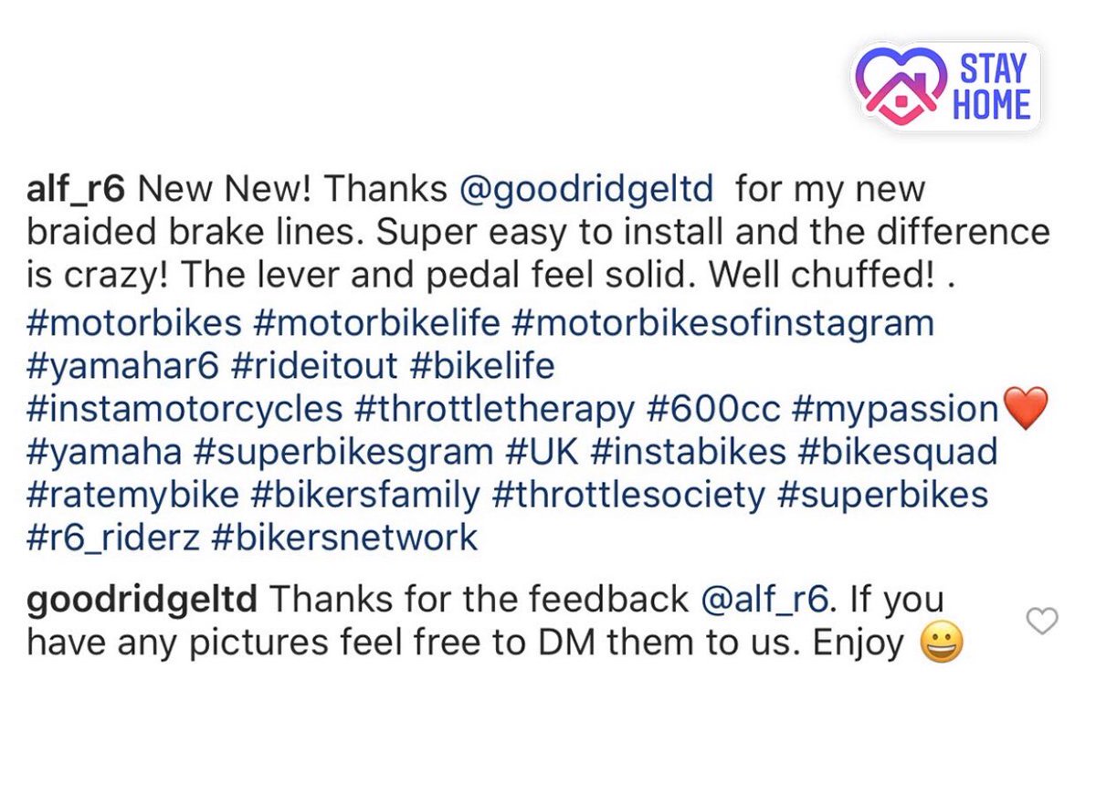 GoodridgeLTD's tweet photo. Kind words from a recent Goodridge Yamaha R6 Premium Performance Brake Line Kit customer - We love a bit of feedback. #GoodridgePerformance #Goodridge #Brakes #BrakeLines #YamahaR6 #R6 #SportsBikes #SuperBikes #StayHome https://t.co/Y0EIzEN2Rz