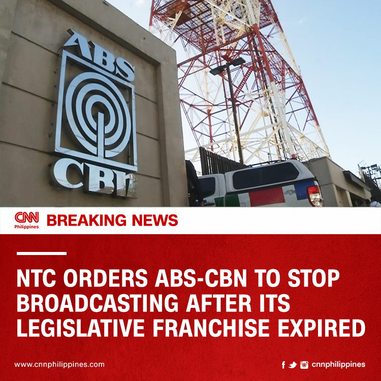 newswatchplusph's tweet photo. BREAKING: The National Telecommunications Commission orders ABS-CBN to cease broadcasting operations due to the expiry of its legislative franchise, walking back from its promise to issue a provisional permit pending its renewal. 

READ MORE: https://t.co/ZOt08WVCyr https://t.co/tcYtivWXgk