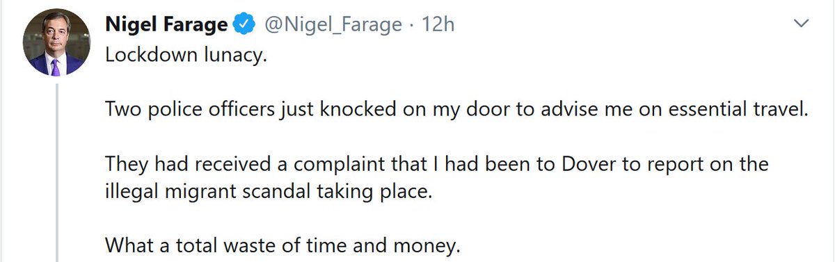 Nigel Farage has railed incessantly for more police, stronger police powers and greater restrictions on movement. 
Until ...