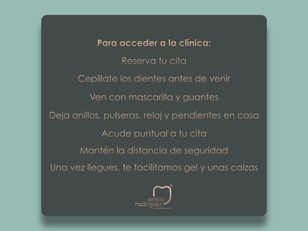 DDS_Rodriguez's tweet photo. ➡️Normativa de acceso. ⭐️ Gracias por tu atención 🤙🏻

#bioseguridad #fase0 #nuevanormalidad #normaspacientes #emilioesmidentista #desinfeccion #salud #responsabilidad #rigor #importante #covid19 #rondadesegovia #dentistamadrid #gracias https://t.co/noG5B2Wbpn