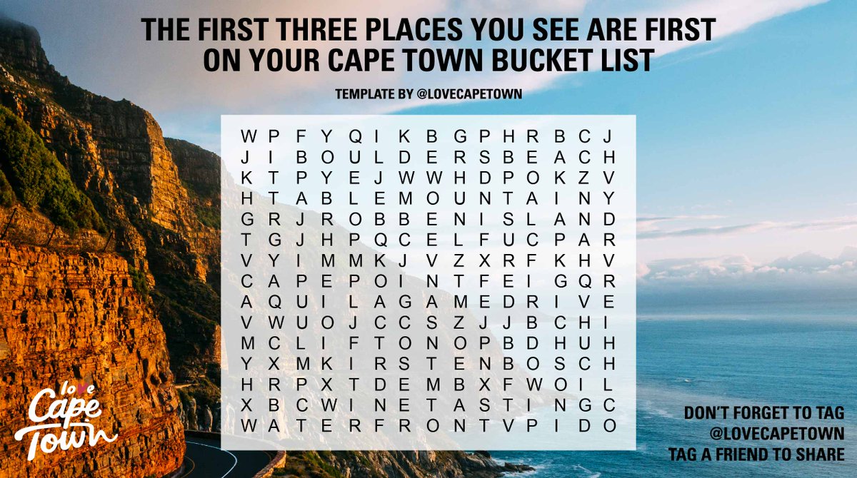 The first 3 places you see on the word search are first on your Cape Town bucket list! 
🏖️⛰️🍷😎🌞

#weareworthwaitingfor #lovecapetown #capeofgoodhope