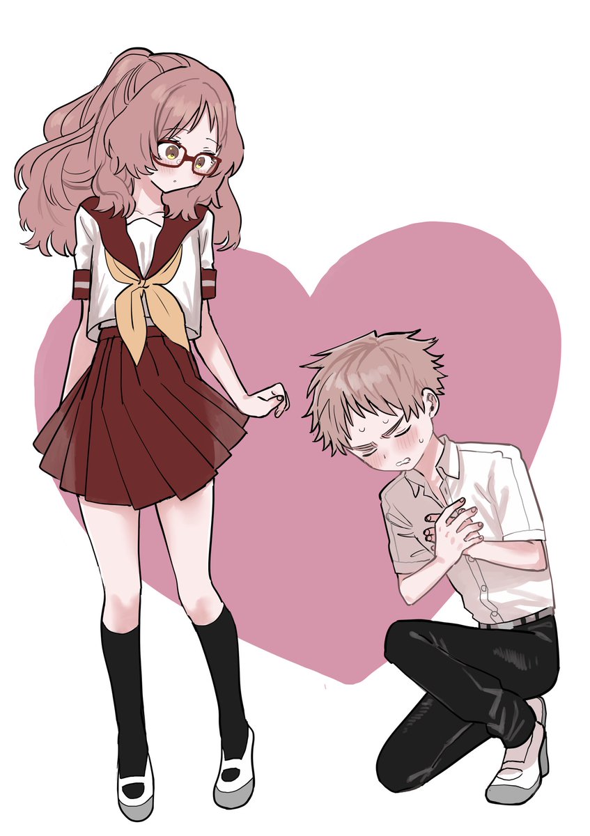 1girl 1boy school uniform glasses skirt blush serafuku  illustration images