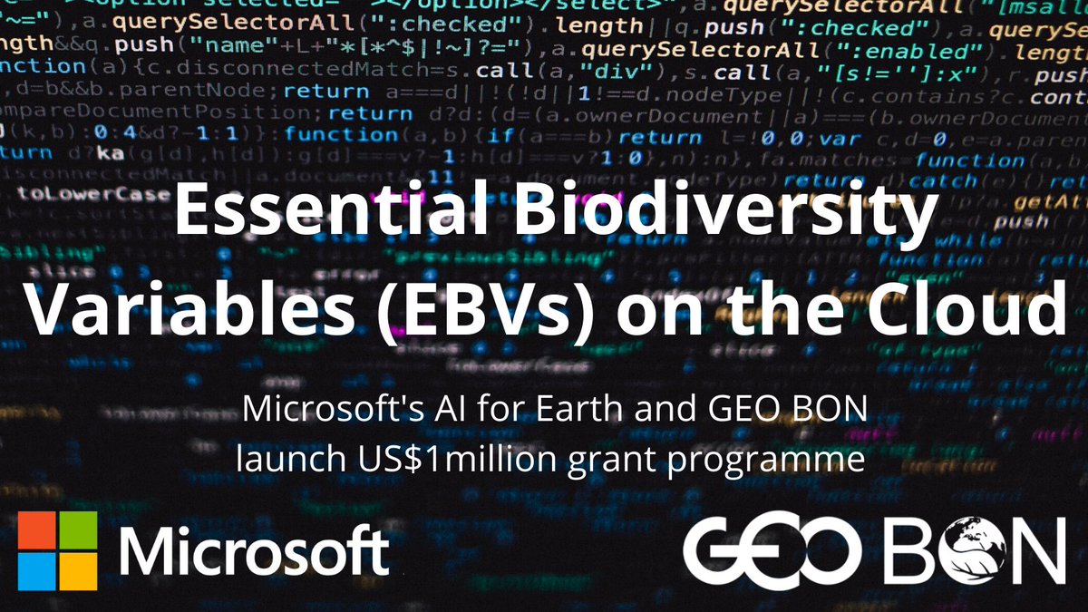 Just launched! GEOBON and Microsoft #AIforEarth announce US$1 million grant to support Essential #Biodiversity Variables. 
Apply by June 5, 2020 here: earthobservations.org/geo_blog_obs.p… <a href="/Microsoft_Green/">Microsoft_Green</a> <a href="/GEOBON_org/">GEO BON</a> #AIforGood