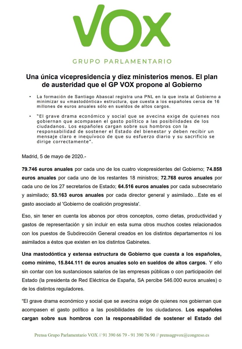 VOX_Congreso's tweet photo. ⭕ @VOX_Congreso insta al Gobierno a la reducción de su mastodóntica estructura (que cuesta 16 millones en sueldos) en plena crisis por el Coronavirus:

1️⃣ vicepresidencia y ➖ 10 ministerios. ¡Recortemos el estado de bienestar de los políticos!

📰 https://t.co/WtQn9Z30wB https://t.co/MWks7P6l9W