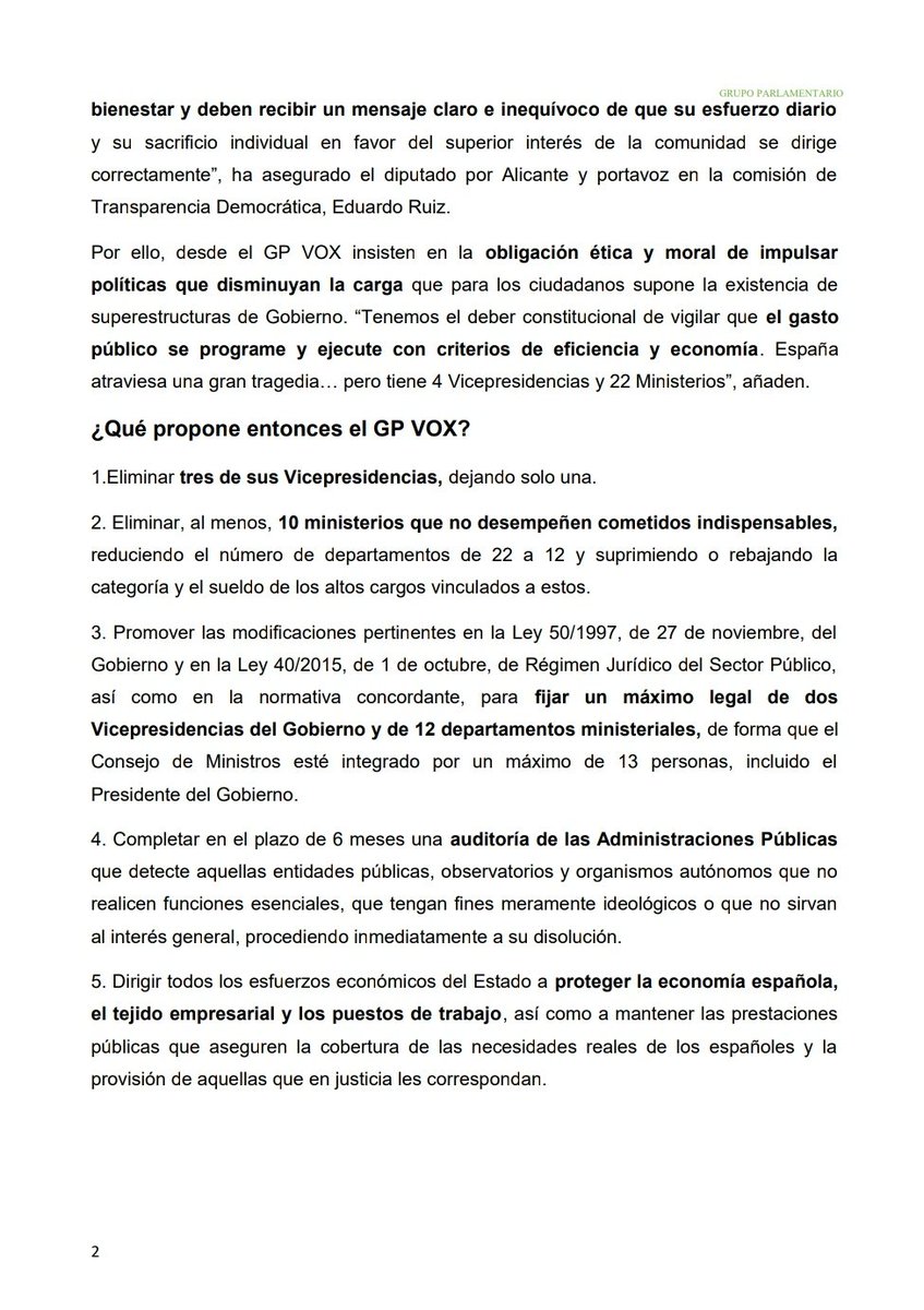 VOX_Congreso's tweet photo. ⭕ @VOX_Congreso insta al Gobierno a la reducción de su mastodóntica estructura (que cuesta 16 millones en sueldos) en plena crisis por el Coronavirus:

1️⃣ vicepresidencia y ➖ 10 ministerios. ¡Recortemos el estado de bienestar de los políticos!

📰 https://t.co/WtQn9Z30wB https://t.co/MWks7P6l9W