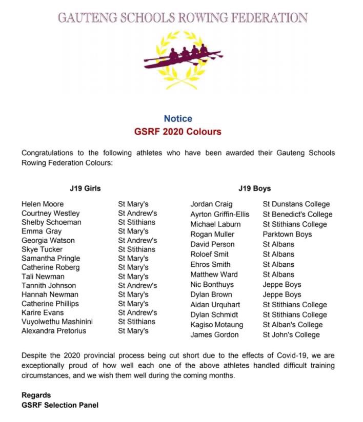 RowingRSA's tweet photo. 🚨 Gauteng School Rowing Colours 🚨

Huge congratulations to all of the athletes that were awarded their Gauteng Schools Rowing Federation Colours for 2020!

#rowingRSA #thinkingpullingtogether #awards #colours #schoolsport #champions https://t.co/rE3tYa5gqX
