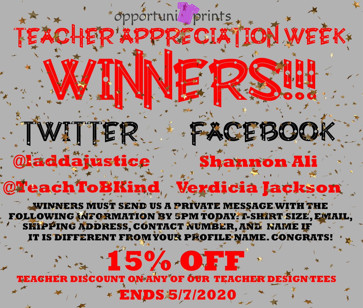 OppPrints's tweet photo. @artaboutit @potterhockey @Owiemomma @Okieaunniecs @towngirl772 @RyGuy0793 @rjwhite88 @royalali @artismyjam @FitzhughSabrina @egrltchingin @TeachToBKind @wallburner @MartaBeaudry 🚨Teacher Appreciation Week Winners!🚨 Each of the 4 educators below will receive a free shirt. All educators are winners and will get 15% off the designs from the giveaway. Order by messaging us here or give us a call at (903)343-2506. #OppPrints #educatortees  #teachertees https://t.co/OmpudQdf7v