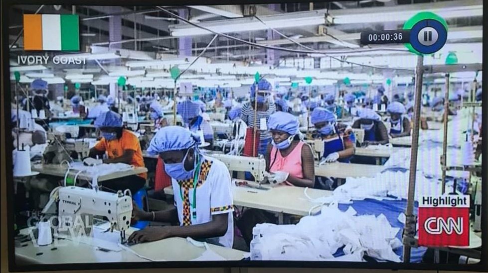 Sammens's tweet photo. Eeeei @CNN, @cnni, @CNNAfrica. Please this picture is from Ghana and not Ivory Coast. This is Sleek Garments Ltd, owned by a Ghanaian entrepreneur, Nora Bannerman. Please take note. https://t.co/o4HrczIvPC