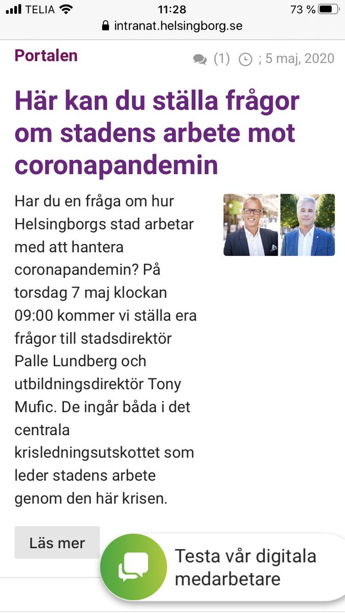 Jag tänker att som en del i hållningen närvarande chefskap får jag möjlighet att tillsammans med chefen svara på frågor från stadens medarbetare. Alltid lite pirrigt när det är live.