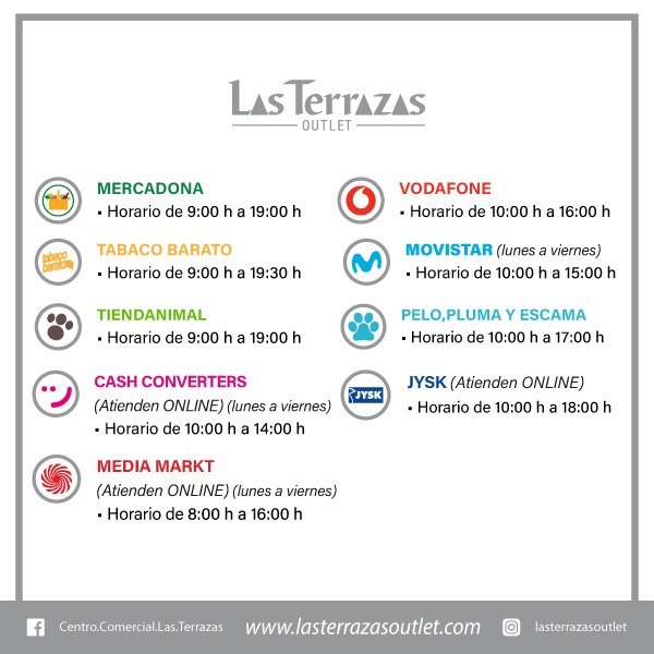 05/05/2020.
A continuación informamos de los locales abiertos en Las Terrazas Outlet 🛒🛍.

Comprometidos con todos por todos, Juntos venceremos.