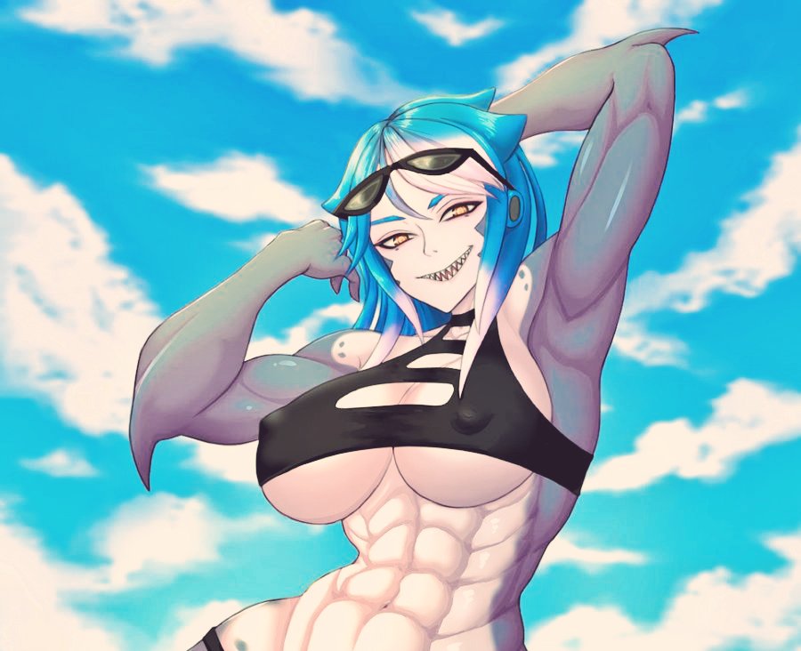 The shark has just gotten out of the outdoor pool at the gym.

Looks like her daily laps are done, time to do her weight lifting.

So she needs a spotter. 

"Heh! You gonna stare all day?! Or you gonna help me out?!" She asked the reader as she stretched and flexed.