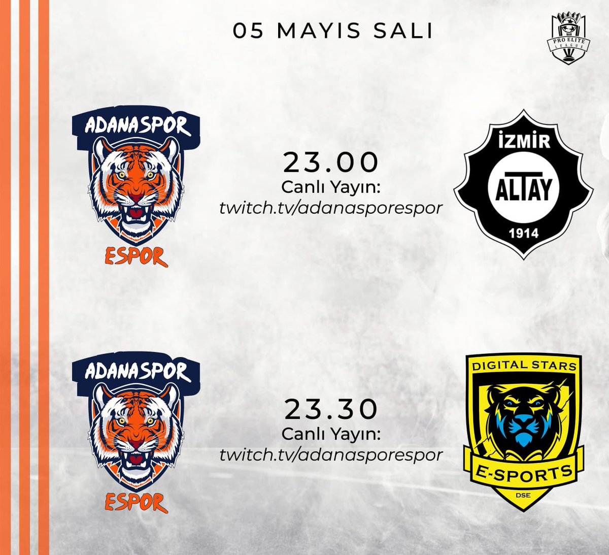 [📌] Pro Elite League'de 2. Sezona bugün oynayacağımız Altay Espor ve Digital Stars maçları ile başlıyoruz! #AdanasporEspor ⚪️🟠

Canlı Yayın Adresimiz:
twitch.tv/adanasporespor