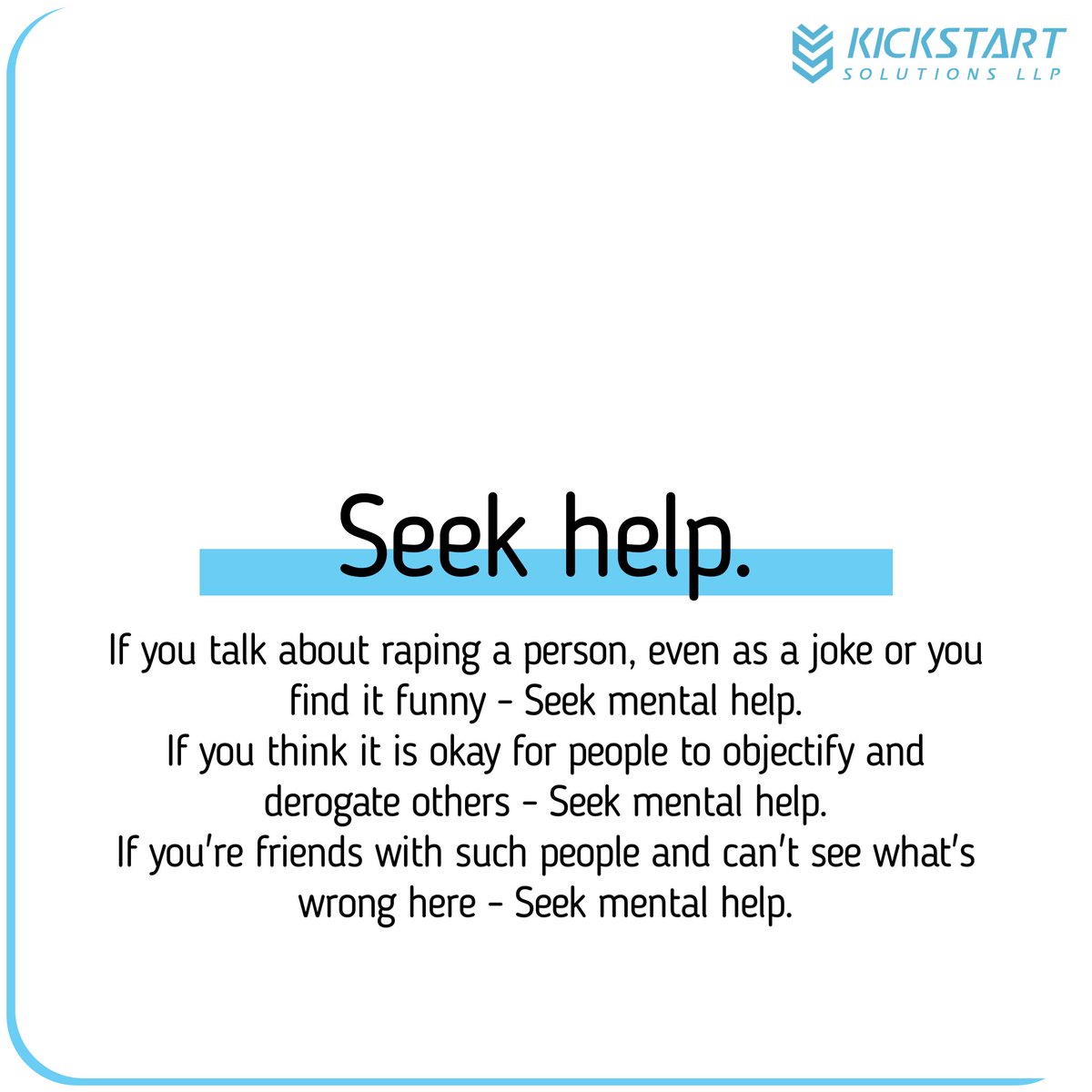 KickStartLLP's tweet photo. Please share this as much as you can.
It's not hard to be a good human being online.
Hope this helps.
For context, please Google locker room Bois.
Please reflect on your behaviour and seek help.
.
.
#lockerroombois #respectwomen #stepstodo #respectwomen #reflect #seekhelp
3/3 https://t.co/djlQ5xiWw2
