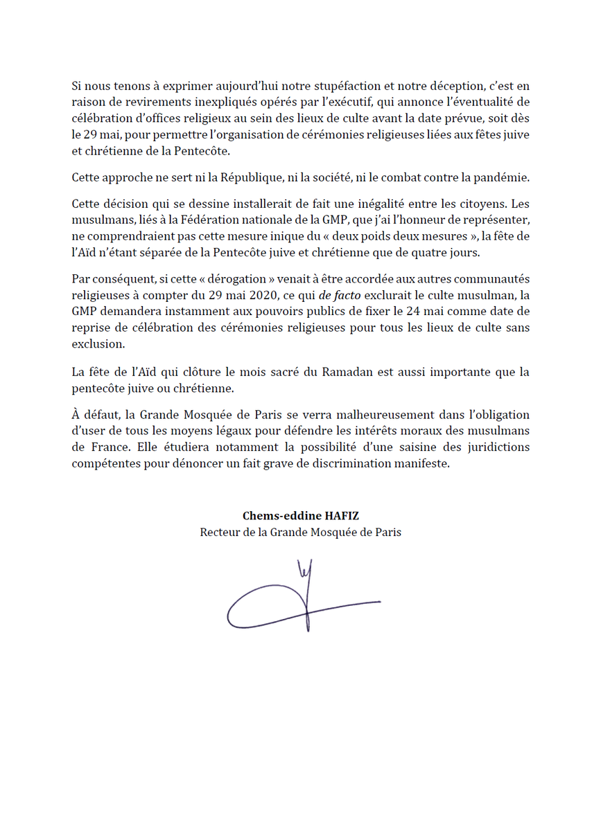 Grande Mosquee De Paris On Twitter Le Recteur Chems Eddine Hafiz Chemshafiz Fait Part De Son Incomprehension Alors Que La Fin De L Interdiction Des Ceremonies Religieuses Serait Avancee Du 02 Juin Au 29