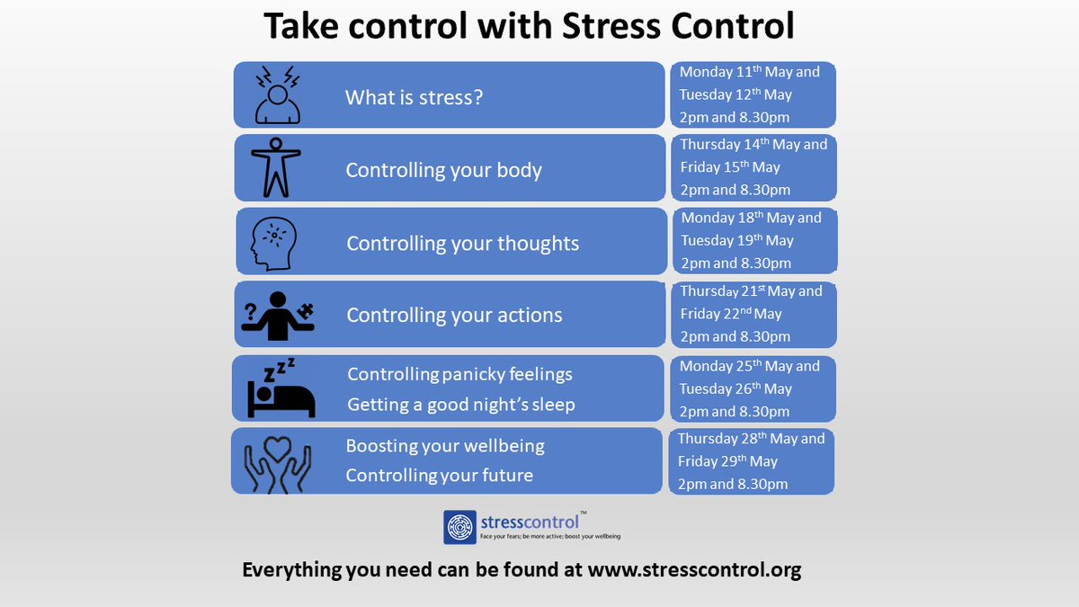elycaerau_ACE's tweet photo. The Stress Control online course is start’s again next Monday! 
Here are the details of the next six week course, two sessions per day, starting Mon 11th May. https://t.co/YVcwBdQifk