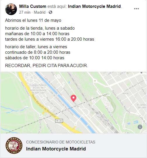 CabaleirosFerro's tweet photo. Seguimos recibiendo noticias de nuestros colaboradores. Tanto @MOTOSEXUP (Majadahonda y Las Rozas) como #millacustom (concesionario @indianmotocycle Madrid en Avd. De Valladolid) abren sus instalaciones, siempre con cita previa. Que tengáis una estupenda vuelta amigos 😎 #Madrid https://t.co/AOLjT0c68E