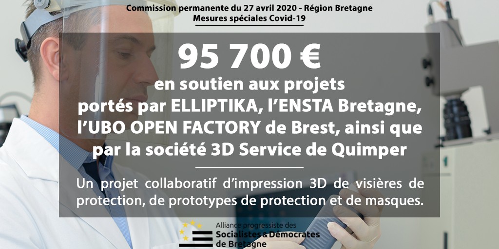 Elus_SocDem_BZH's tweet photo. 95 700 € d'aides ont été votées par la @regionbretagne en soutien au projet collaboratif d'impression 3D de #visières de protection portés par Elliptika, @ENSTABretagne, @UBO_OpenFactory. Cette aide ira également à 3D Service de Quimper pour son projet de #masques de protection. https://t.co/RknTpm5V91