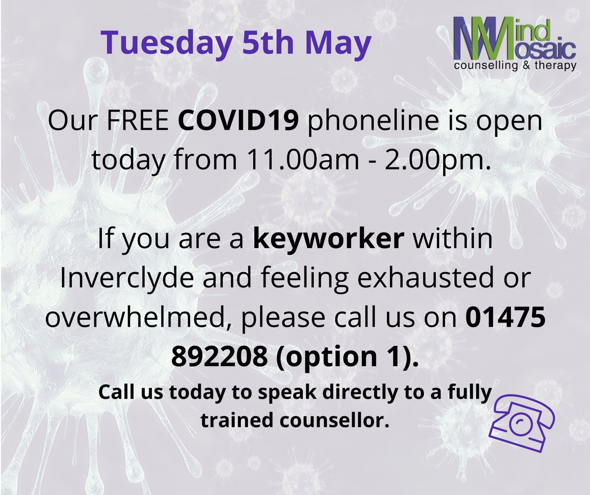 Are you a keyworker &amp; feeling overwhelmed, exhausted, or just simply need to talk? Please call our FREE COVID19 support line to speak to a fully trained counsellor. We are here for you.💜
Or email us- covid19@mindmosaic.co.uk &amp; a fully trained counsellor will call you back.