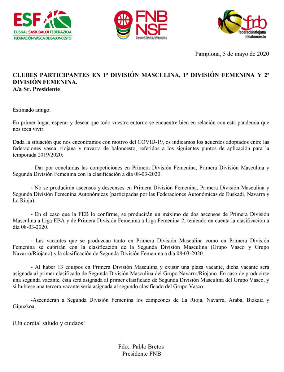COMUNICADO OFICIAL 
Las federaciones vasca, riojana y navarra acuerdan dar por concluidas las competiciones en Primera División Femenina, Primera División Masculina y Segunda División Femenina
<a href="/Basketbasko/">Basketbasko</a> 

▶️ fnbaloncesto.com/es/comunicado-…