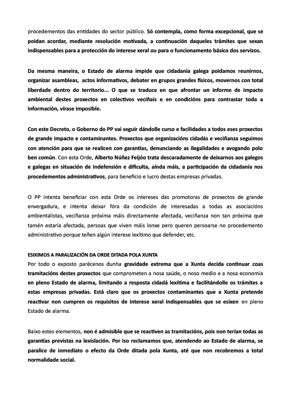 greenpeace_gal's tweet photo. ⚠️A @Xunta activa os procesos administrativos de case 1000 proxectos de grande impacto ambiental mentres, en estado de alarma, a cidadanía non pode reunirse nin organizarse para contestar.  
👉Comunicado das org ecoloxistas galegas
#AlertaAmbiental #ParaQuenGobernaAXunta https://t.co/Y2zXZX2Y87